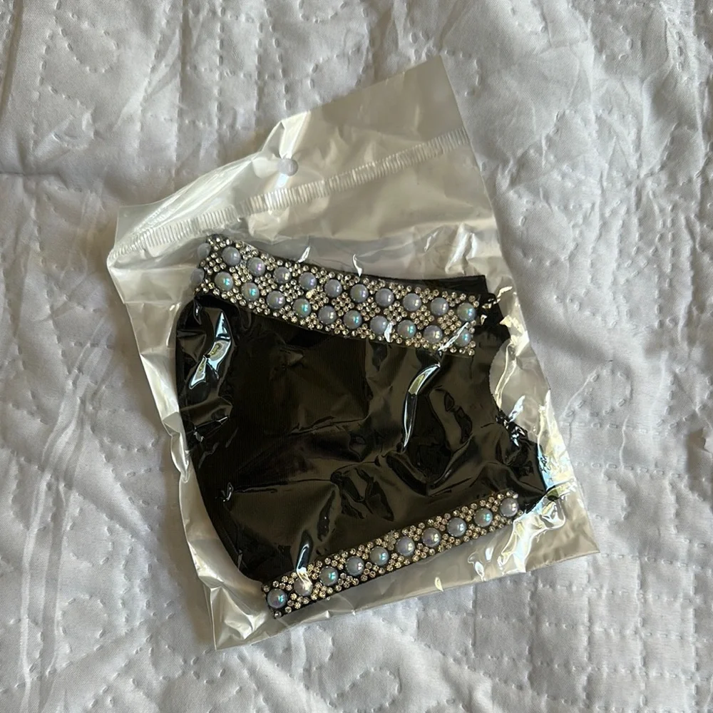 Black Face Mask with Pearl Embellishments